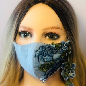 NEW- Blue Face Mask with Blue Roses on the side